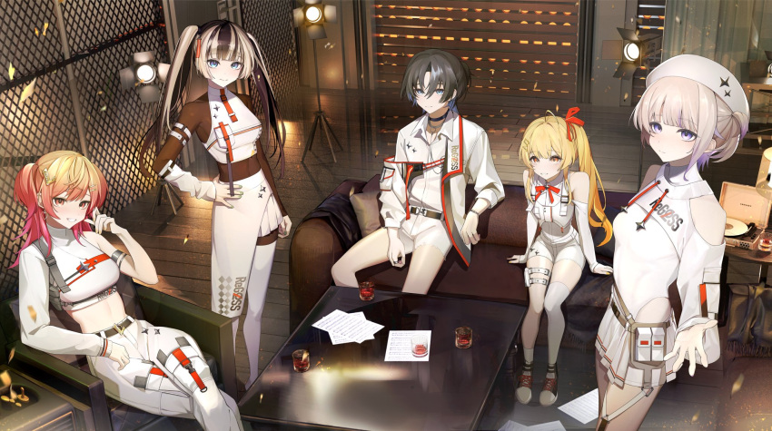 5girls, ahoge, arm_strap, asymmetrical_legwear, belt, beret, black_belt, black_bodysuit