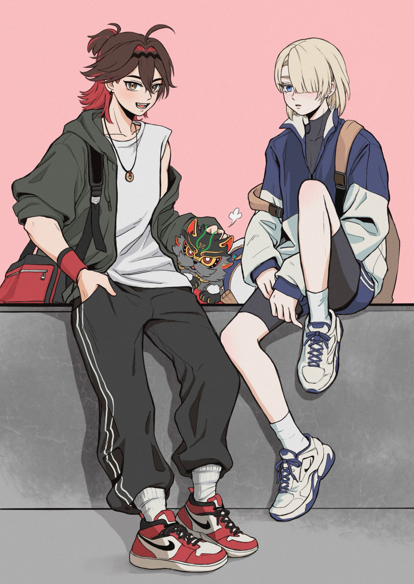 2boys, 6nonnon1, absurdres, alternate_costume, black_hairband, black_pants, black_shorts, blonde_hair