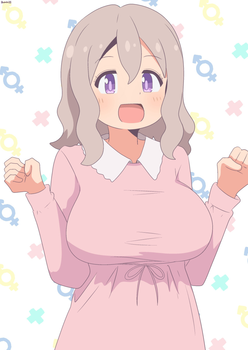 1girl, absurdres, bambi2000line, breasts, brown_hair, clenched_hands, collared_dress, commentary_request, dress, highres, huge_breasts, kitahara_yuriko, light_brown_hair, long_sleeves, male-female_symbol, onii-chan_wa_oshimai!, open_mouth, pink_dress, smile, solo, upper_body, violet_eyes