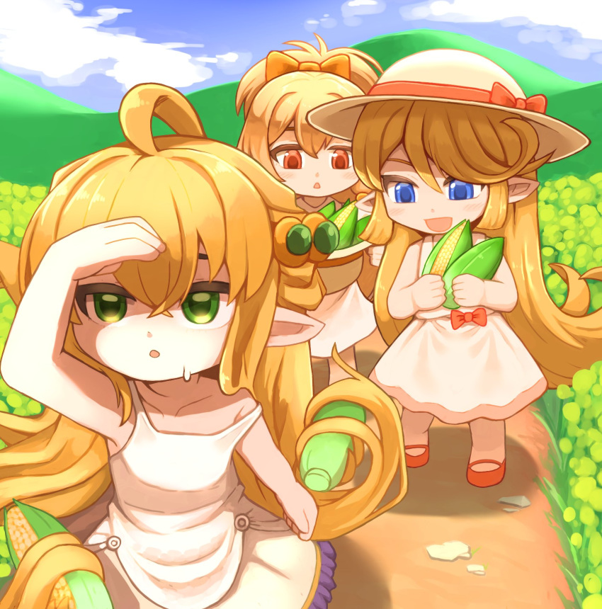 3girls, blonde_hair, blue_eyes, bow, charlotta_(granblue_fantasy), corn, dress, granblue_fantasy