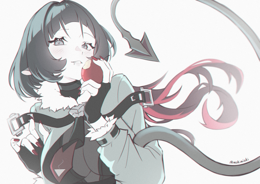 1girl, absurdres, animal_ears, apple, black_gloves, blunt_bangs, fingerless_gloves, fingernails