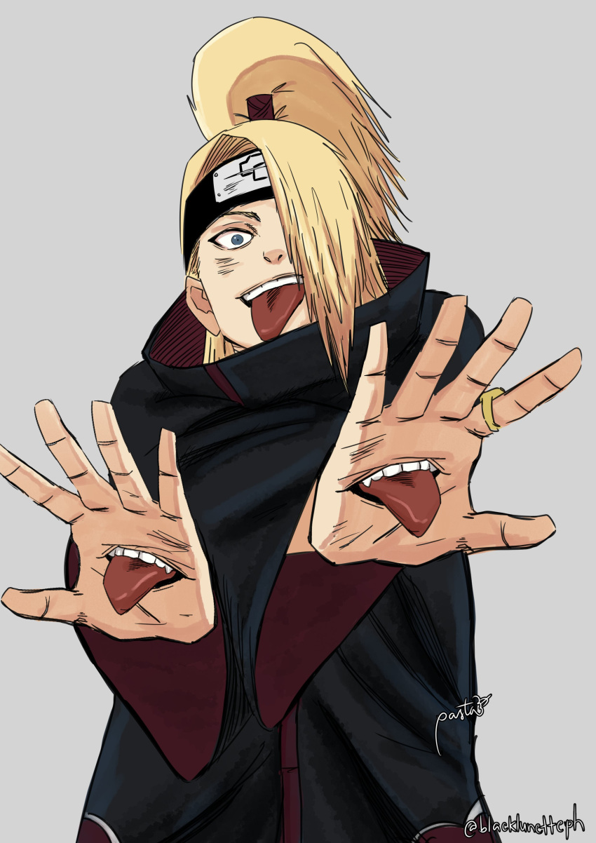 1boy, absurdres, akatsuki_uniform, akutami_gege_(style), artist_name, black_coat, black_lunette, blonde_hair