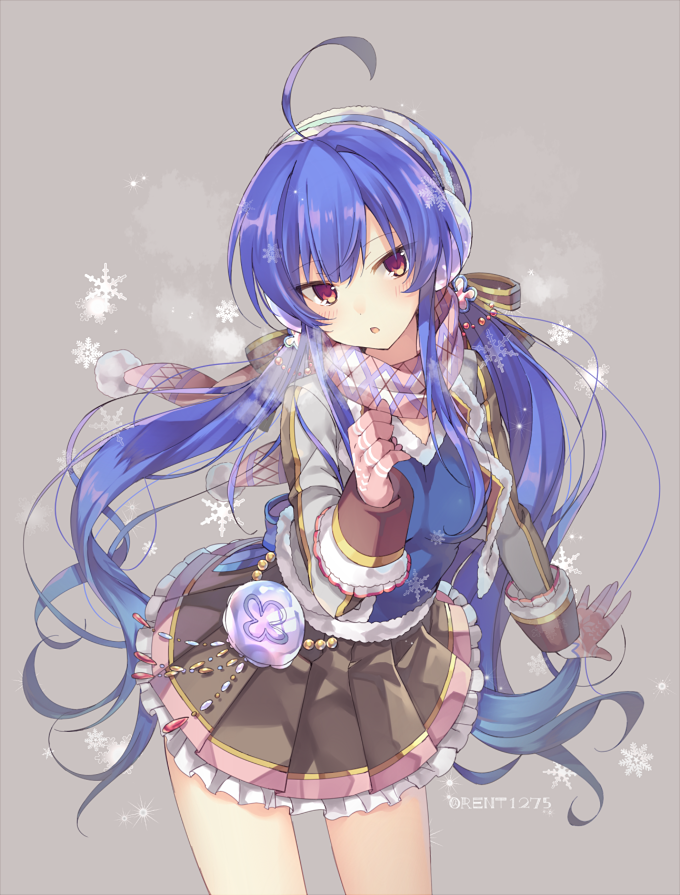 ahoge, blue_hair, breath, chakuma_academy_uniform, hat, low_twintails, noa_(shironeko_project), official_alternate_costume, pleated_skirt, red_eyes, rento_(rukeai), ribbon, scarf, shironeko_project, simple_background, skirt, snowflakes, twintails, winter_gloves