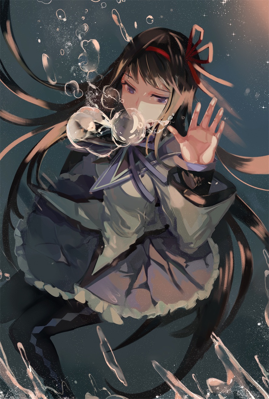 1girl, air_bubble, akemi_homura, argyle_clothes, argyle_pantyhose, asphyxiation, black_hair, black_pantyhose