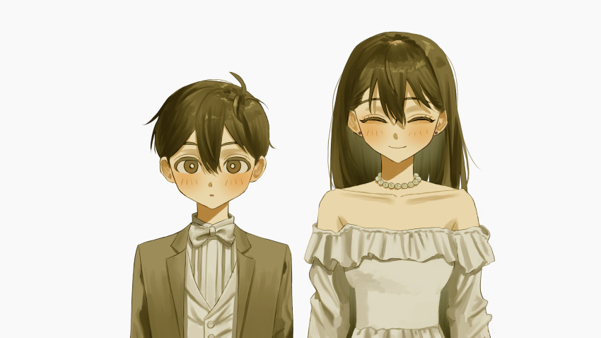 1boy, 1girl, ^_^, absurdres, aegyo_sal, antenna_hair, arms_at_sides, bare_shoulders