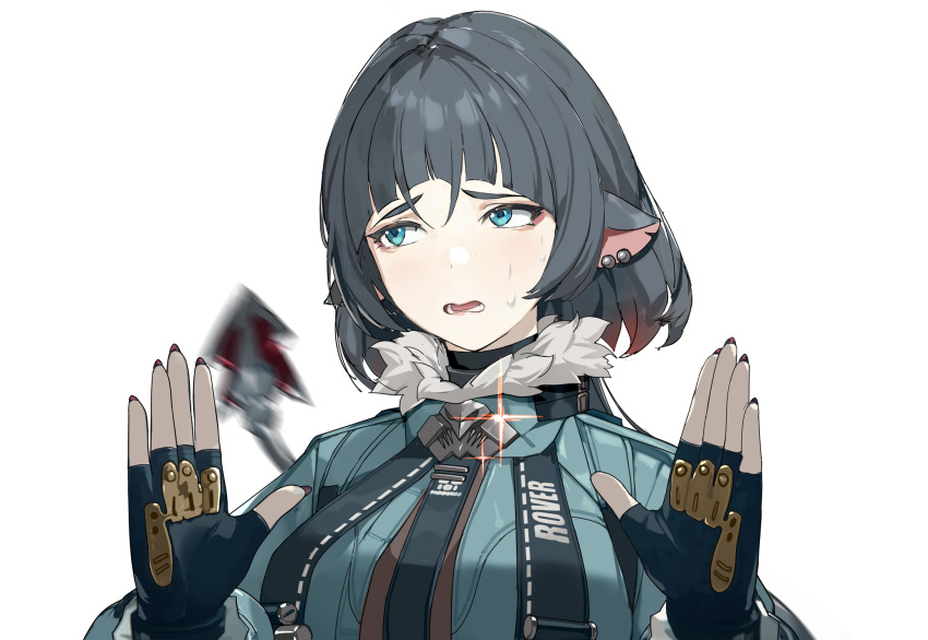 1girl, animal_ears, black_hair, blunt_bangs, fingerless_gloves, fingernails, fur-trimmed_jacket, fur_trim, furrowed_brow, gloves, green_eyes, green_jacket, highres, jacket, jane_doe_(zenless_zone_zero), long_hair, lower_teeth_only, mouse_ears, mouse_girl, mouse_tail, nail_polish, open_mouth, red_nails, sidelocks, simple_background, solo, sweatdrop, tail, teeth, upper_body, variant_set, white_background, xiduoch, zenless_zone_zero