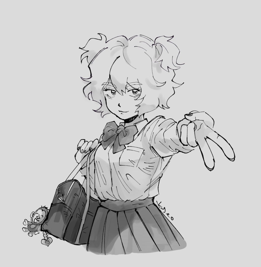 1girl, bag, borrowed_design, breast_pocket, breasts, charm_(object), commentary, english_commentary, genderswap, genderswap_(mtf), greyscale, gyaru_v, hanazawa_teruki, highres, holding, holding_bag, kyokyeo, medium_breasts, mob_psycho_100, monochrome, pleated_skirt, pocket, school_bag, signature, skirt, smile, solo, two_side_up, upper_body, v
