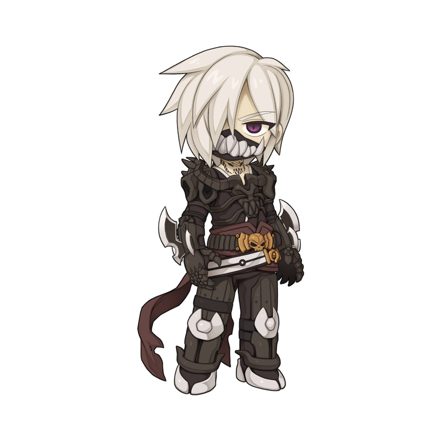 1boy, alp_ocart, alternate_color, arm_blade, armor, armored_boots, black_armor, black_bodysuit, black_gloves, bodysuit, boots, chibi, chibi_only, full_body, gauntlets, gloves, guillotine_cross_(ragnarok_online), hair_between_eyes, hair_over_one_eye, leg_armor, long_bangs, looking_at_viewer, male_focus, mask, mouth_mask, official_art, pauldrons, ragnarok_online, short_hair, shoulder_armor, simple_background, skull_belt, solo, standing, teeth_print_mask, transparent_background, violet_eyes, weapon, white_hair, yuichirou
