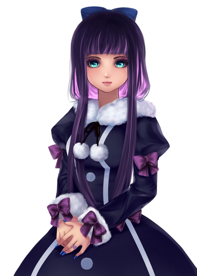 aqua_eyes, bow, coat, fur_coat, fur_trim, hair_bow, jewelry, light_smile, lips, long_hair, long_sleeves, multicolored_hair, nail_polish, panty_&amp;_stocking_with_garterbelt, pink_hair, prinz_luzifer, puffy_sleeves, purple_hair, ribbon, ring, simple_background, solo, stocking_(character), stocking_(psg), two-tone_hair