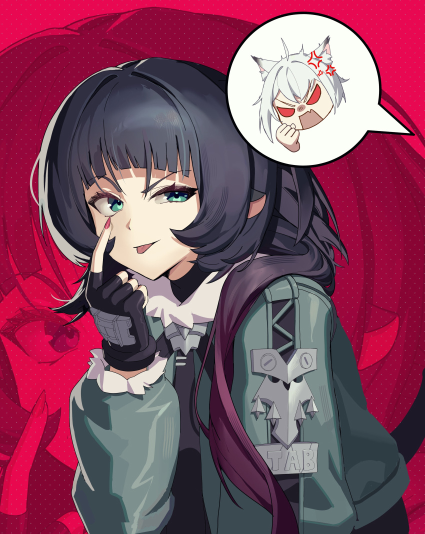 1boy, 1girl, absurdres, animal_ears, ashamutoki, black_gloves, black_hair, blunt_bangs, cat_boy, cat_ears, fingerless_gloves, fingernails, fur-trimmed_jacket, fur_trim, gloves, green_eyes, green_jacket, hair_between_eyes, highres, jacket, jane_doe_(zenless_zone_zero), long_hair, looking_at_viewer, mouse_ears, mouse_girl, multicolored_hair, nail_polish, red_nails, redhead, seth_lowell, short_hair, sidelocks, solo_focus, tongue, tongue_out, two-tone_hair, upper_body, white_hair, zenless_zone_zero, zoom_layer