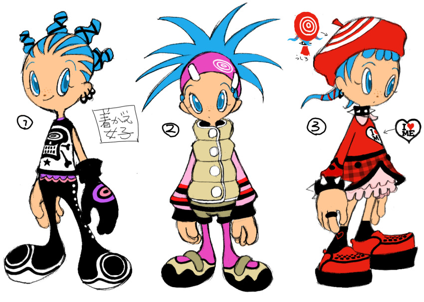 2000s_(style), 3girls, alternate_costume, ankle_socks, aqua_eyes, aqua_hair, arms_at_sides, beret