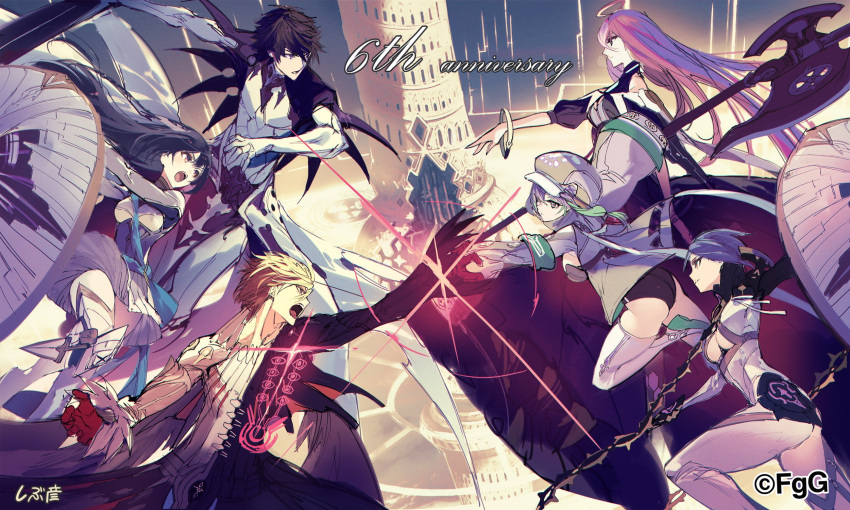 2boys, 4girls, ahoge, blonde_hair, daphne_(dare_ga_tame_no_alchemist), dare_ga_tame_no_alchemist, from_side, gloves