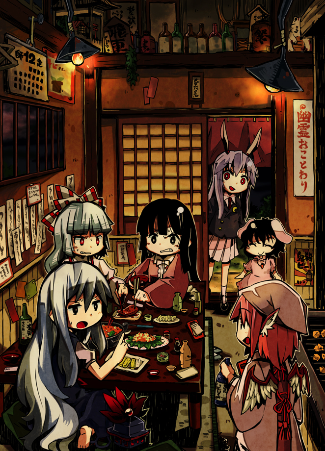 3speed, :>, ^_^, angry, animal_ears, barefoot, black_hair, blue_hair