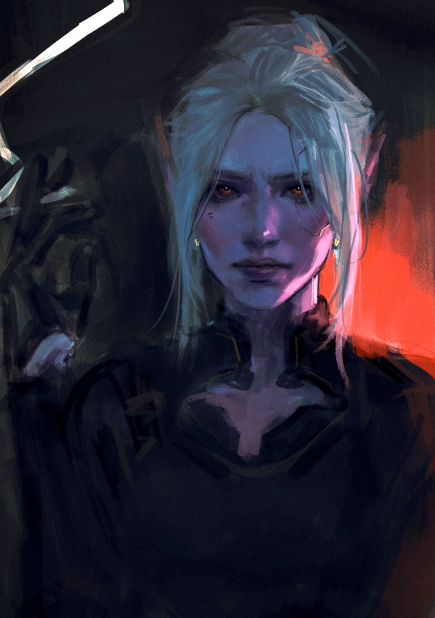 1girl, absurdres, baldur's_gate, baldur's_gate_3, black_shirt, closed_mouth, colored_skin, commentary, cosplay, crossover, cyberpunk_(series), cyberpunk_2077, dark_elf, dungeons_&amp;_dragons, earrings, elf, english_commentary, highres, jewelry, katlovesstar, merideth_stout, merideth_stout_(cosplay), minthara, painterly, pointy_ears, purple_lips, purple_skin, red_eyes, shirt, sidelocks, solo, stud_earrings, upper_body, white_hair