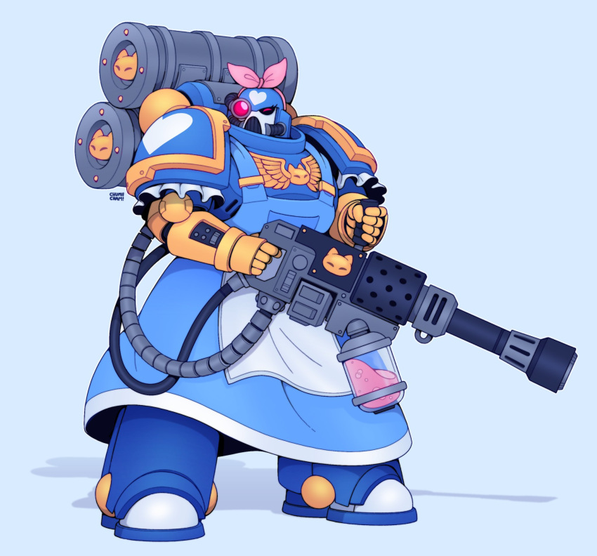 1other, adeptus_astartes, apron, armor, backpack, bag, blue_apron, bow