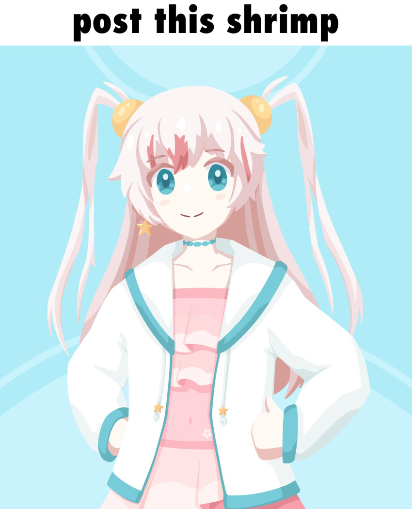 1girl, aqua_eyes, blue_background, blush_stickers, closed_mouth, commentary, dress, earrings