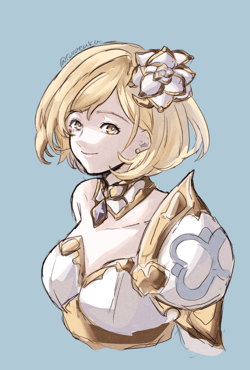 1girl, armor, blonde_hair, djeeta_(granblue_fantasy), dress, flower, glorybringer_(granblue_fantasy), granblue_fantasy