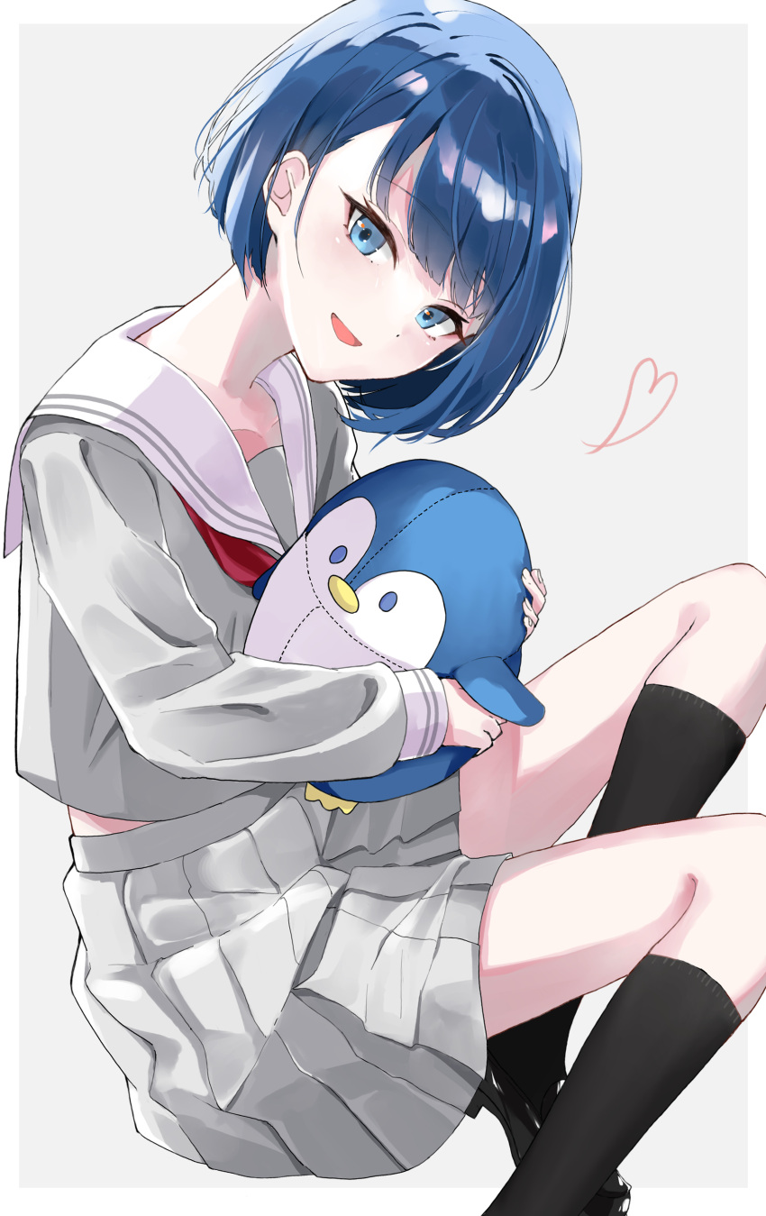 1girl, absurdres, black_(kbym), black_footwear, blue_eyes, blue_hair, highres, holding