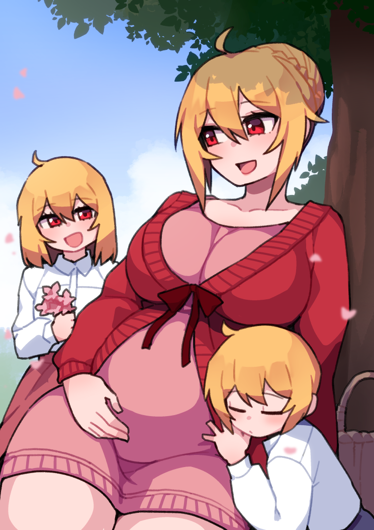 angelica_rafa_redgrave, blonde_hair, breasts, commission, dress, flower, huge_breasts, jacket, kwaejina, large_breasts, mother_and_daughter, mother_and_son, otome_gee_sekai_wa_mob_ni_kibishii_sekai_desu, pink_dress, pixiv_commission, pregnant, red_eyes, red_jacket
