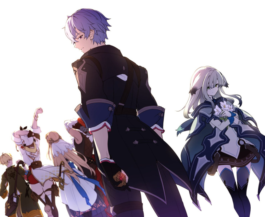 3boys, 3girls, animal_ears, arm_behind_head, arms_up, atelier_(series), atelier_ryza, atelier_ryza_3