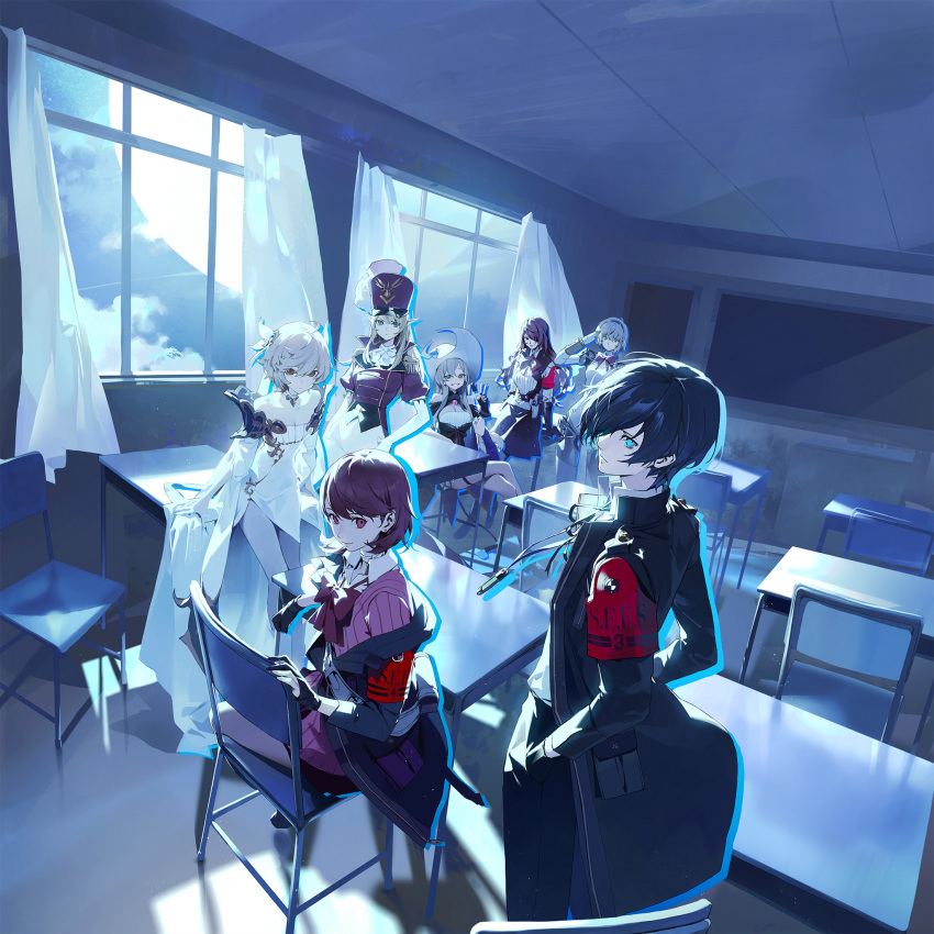 1boy, 6+girls, aegis_(persona), android, armband, bare_legs, bare_shoulders, black_gloves