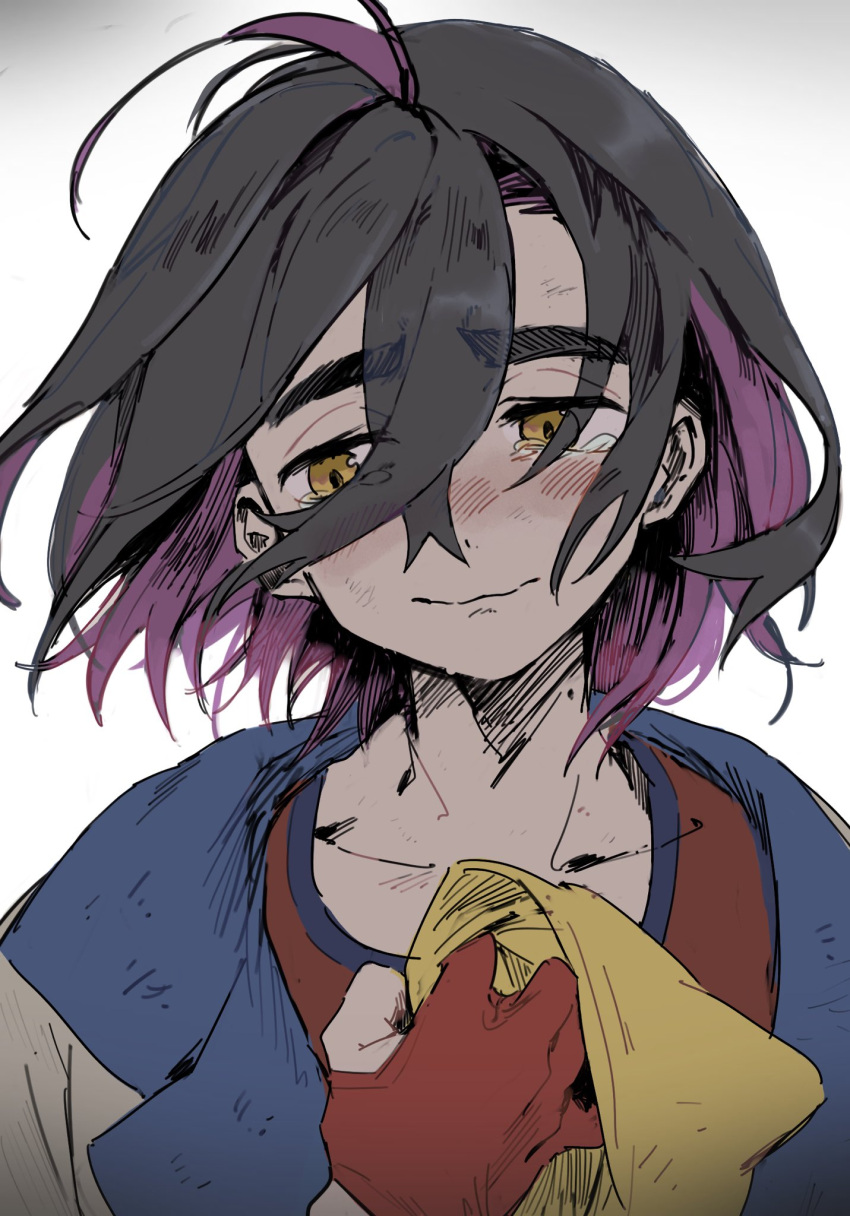 1boy, bezquomvjq49661, black_hair, blush, closed_mouth, commentary_request, crossed_bangs, gloves