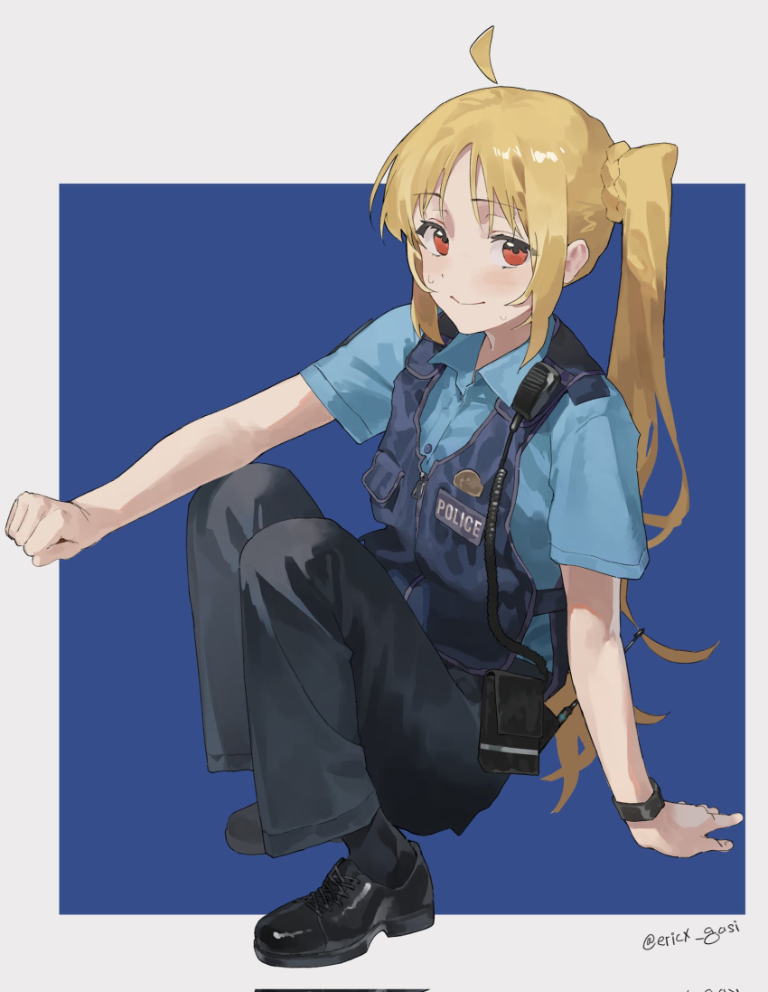 1girl, ahoge, belt_pouch, black_footwear, black_pants, blonde_hair, blue_shirt, blue_vest