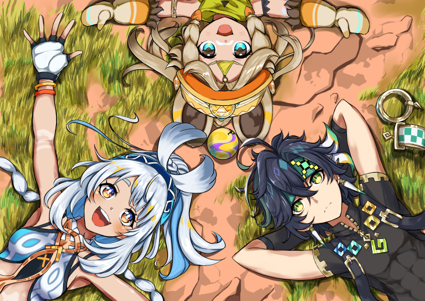 1boy, 2girls, :d, @labi1035, absurdres, animal_ears, aqua_headband, bare_shoulders