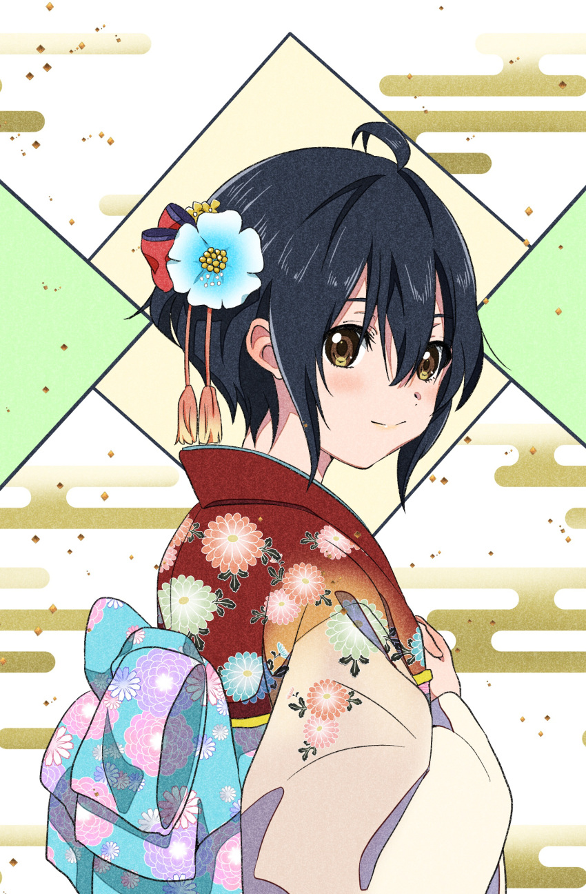 1girl, 22/7, absurdres, ahoge, black_hair, brown_eyes, closed_mouth, floral_print_kimono