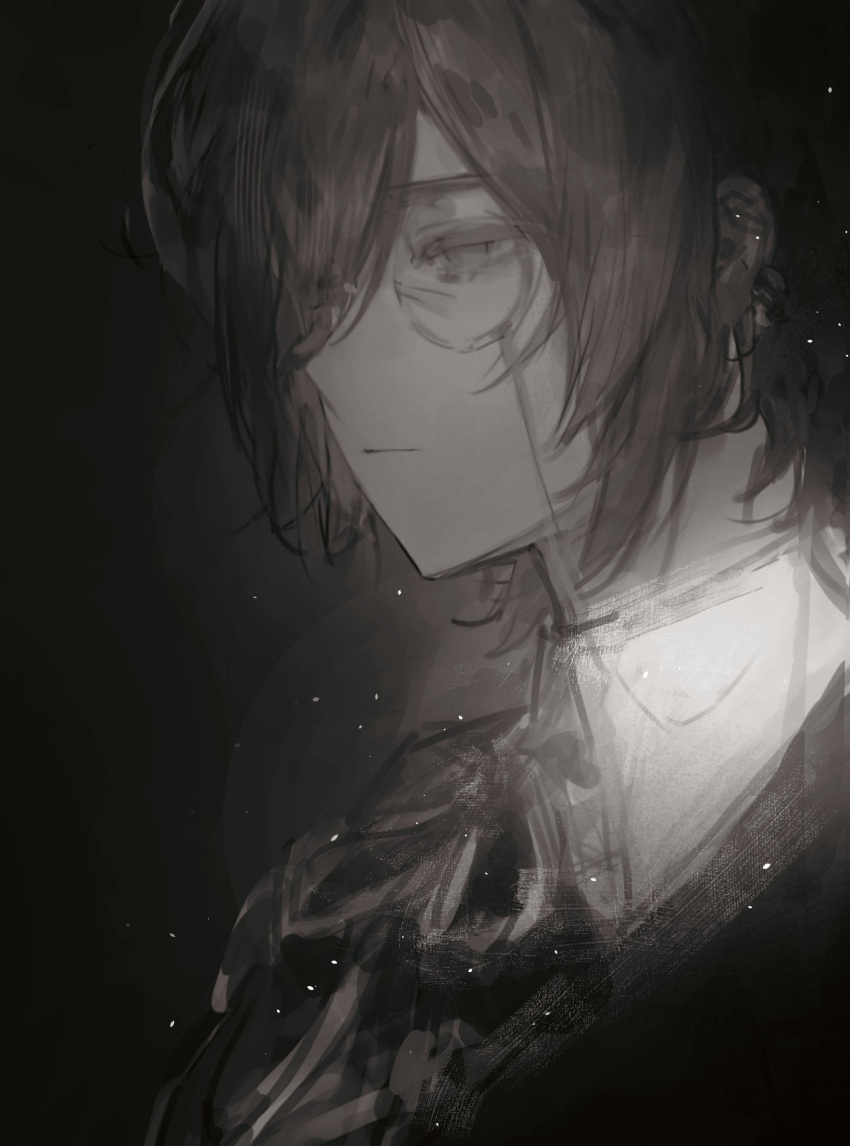 1girl, collared_shirt, greyscale, highres, light_particles, limbus_company, limi_mirantes, monochrome, monocle, muted_color, neck_ribbon, outis_(project_moon), project_moon, ribbon, shirt, short_hair, simple_background, solo, upper_body, wuthering_heights_(identity)_(project_moon)