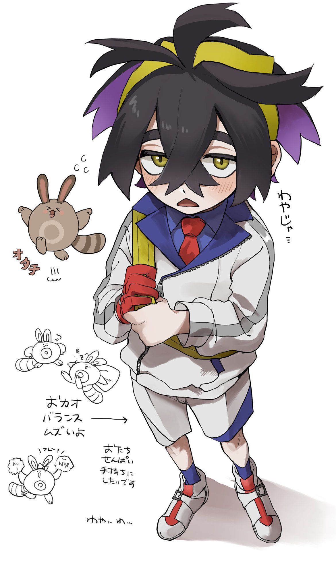 >_<, 1boy, aojurujuru, black_hair, blue_shirt, blush, collared_shirt, gloves
