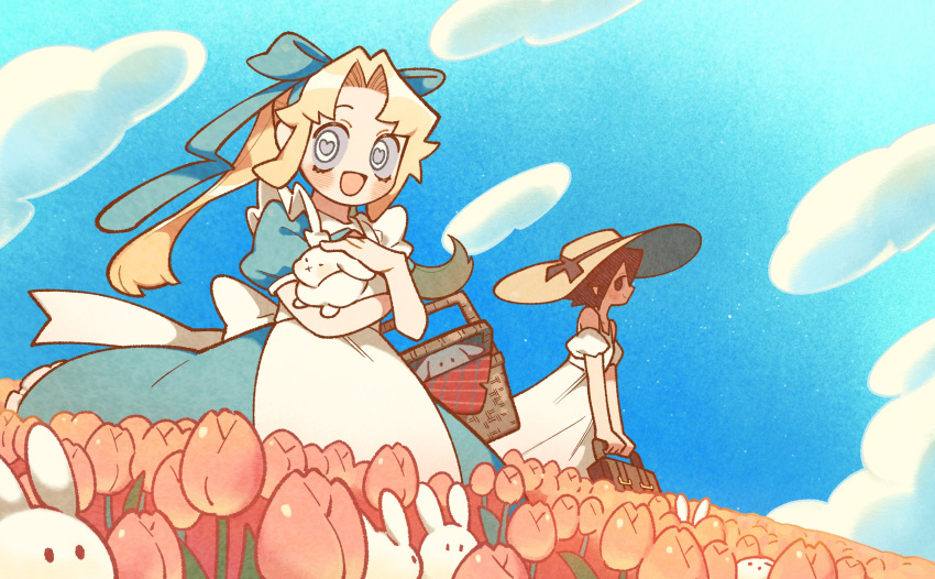 2girls, amelia_lee, animal, apron, basket, beatrice_reden, black_eyes, black_hair