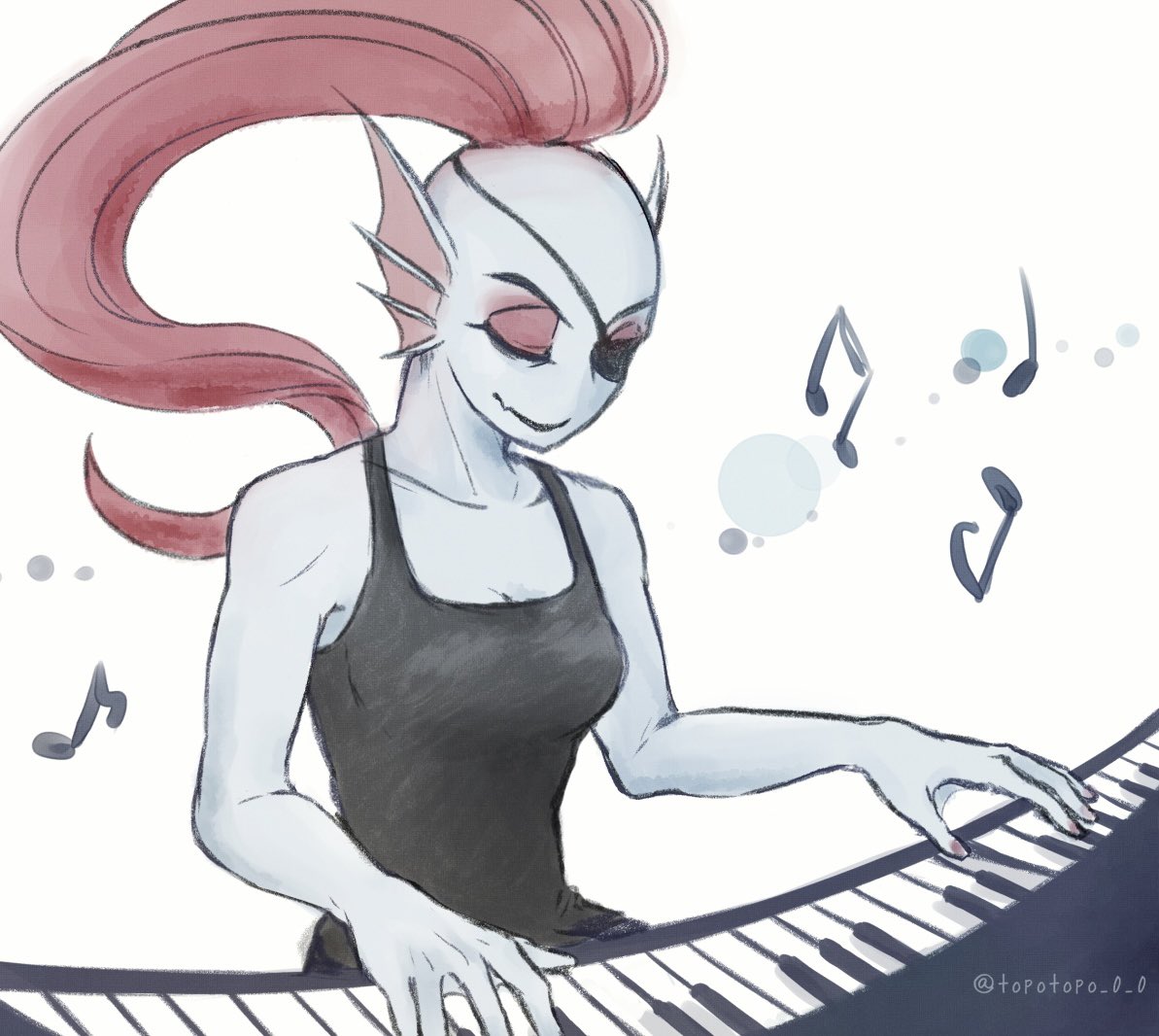1girl, 2024, 2d, anthro, artist_name, black_tank_top, blue_skin, closed_eyes, commentary, digital_media, ear_fins, eyepatch, female, female_only, fish, fish_girl, hair, high_ponytail, instrument, japanese_commentary, long_hair, mekyo, monster, monster_girl, musical_note, piano, piano_keys, playing_instrument, ponytail, red_hair, simple_background, solo, tank_top, twitter_username, undertale, undyne, upper_body, utdr_(toby_fox), white_background