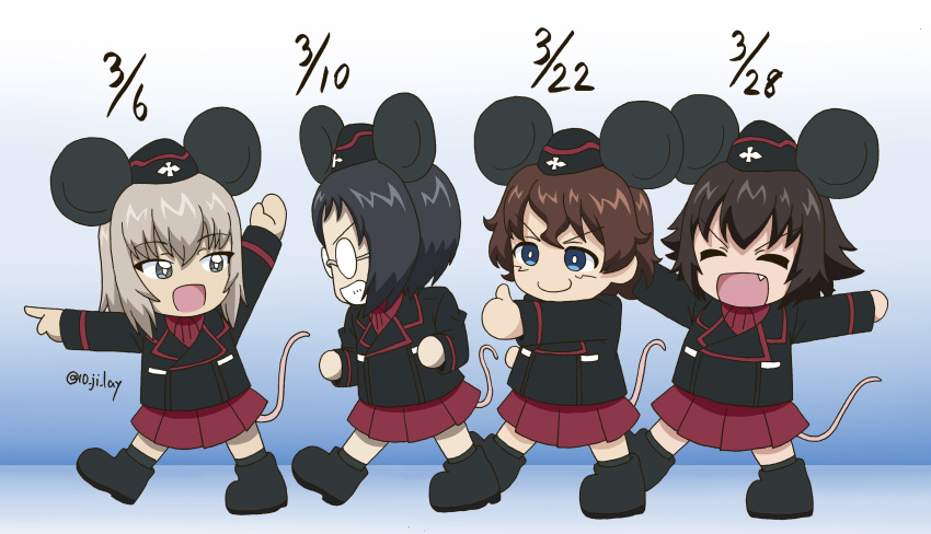 10_ji_lay, 4girls, absurdres, akaboshi_koume, animal_ears, birthday, black_footwear, black_hair, black_hat, black_jacket, brown_hair, chibi, chibi_only, curly_hair, dated, garrison_cap, girls_und_panzer, glass, grey_hair, hat, hida_ema, highres, itsumi_erika, jacket, katsuya_megu, kuromorimine_military_uniform, long_hair, miniskirt, mouse_ears, mouse_girl, mouse_tail, multiple_girls, red_skirt, short_hair, skirt, smile, tail