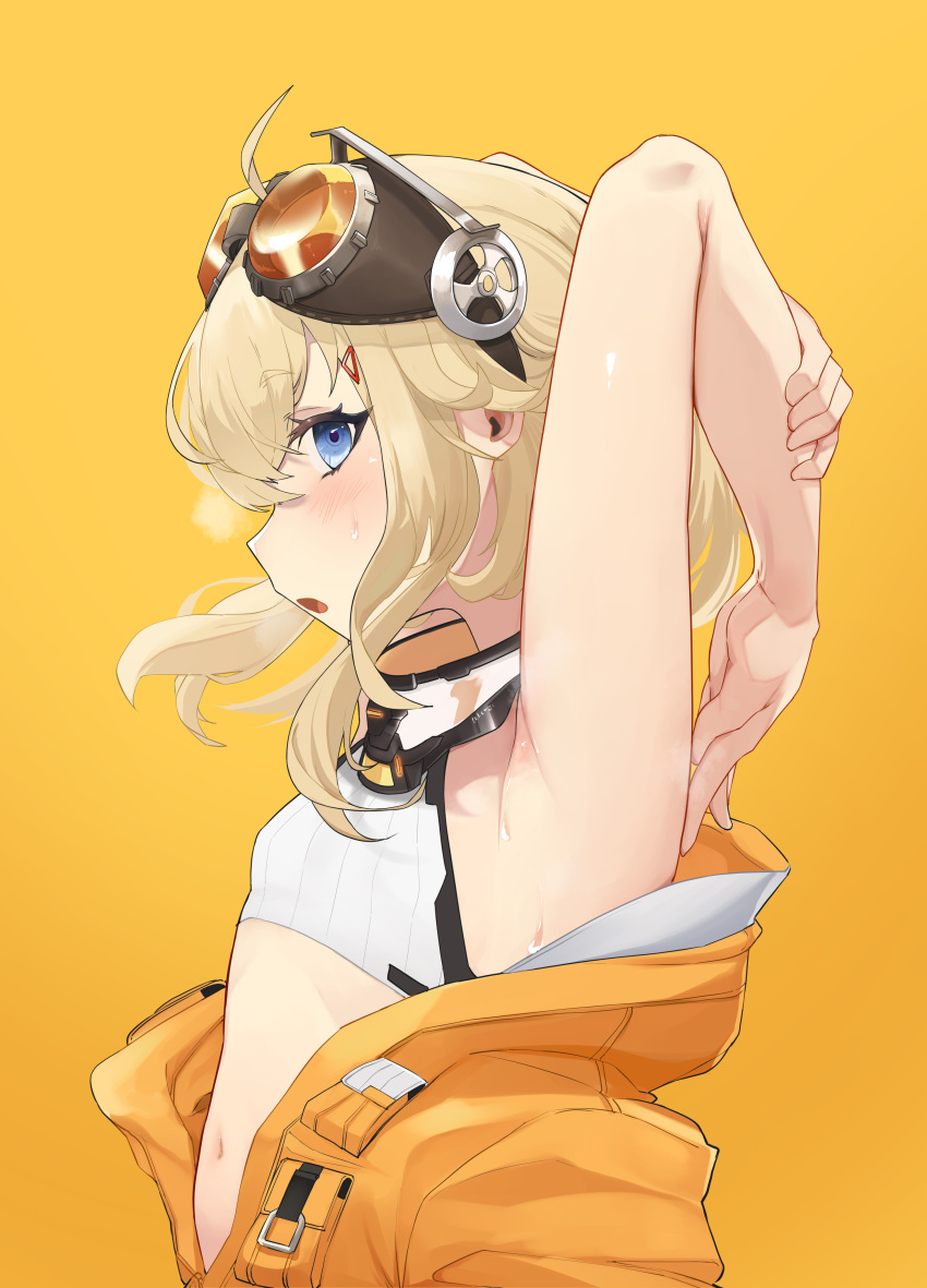 1girl, absurdres, armpits, arms_up, bare_shoulders, blonde_hair, blue_eyes, blush