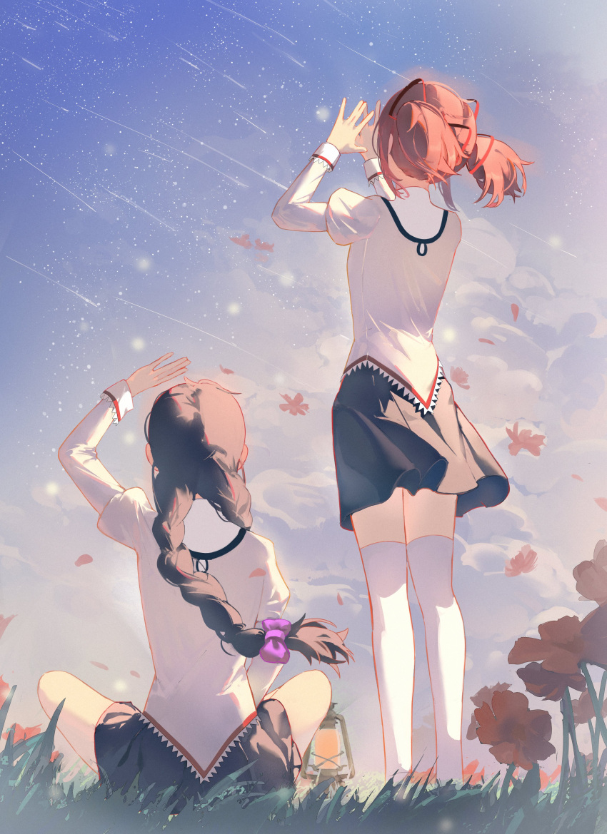 2girls, absurdres, akemi_homura, black_hair, black_skirt, bow, braid, chaconne