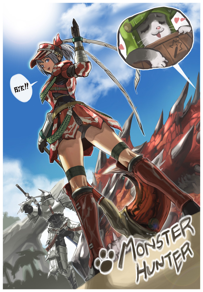 ass, belt, blue_eyes, boots, dragon, elbow_gloves, esc., escornith, felyne, from_below, full_armor, gloves, heart, helmet, hermitaur_(armor), knee_boots, kneepits, looking_back, monster, monster_hunter, ponytail, rathalos, short_hair, silver_hair, silver_sol_(armor), skirt, sky, smile, sword, weapon, wyvern