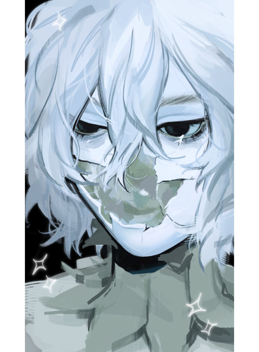 1boy, asherririi, bags_under_eyes, black_eyes, border, broken, close-up, cracked_skin