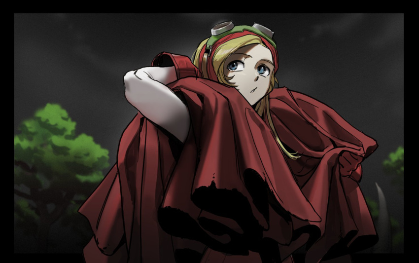 1girl, black_border, blonde_hair, blue_eyes, border, cloak, commentary_request, dragon_quest