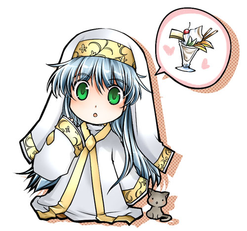 chibi, food, green_eyes, habit, index, long_hair, lowres, nun, parfait, silver_hair, speech_bubble, sukara-san, to_aru_majutsu_no_index