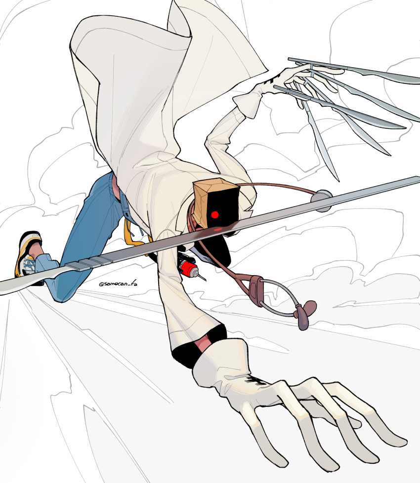1boy, arm_up, bag, bag_over_head, blue_pants, coat, commentary, faust_(guilty_gear)