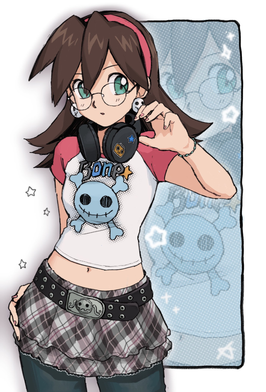 1girl, alternate_costume, blue_eyes, blue_pants, brown_hair, cowboy_shot, earrings, glasses