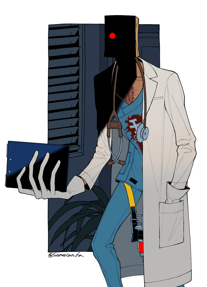 1boy, bag, bag_over_head, blue_pants, blue_shirt, clipboard, coat, commentary