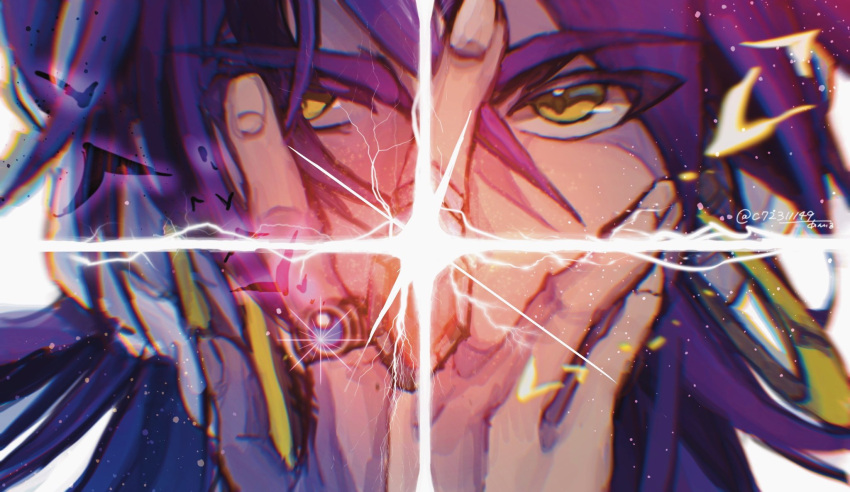 1boy, aniru, black_rukh_(magi), chromatic_aberration, close-up, earrings, hand_up, highres