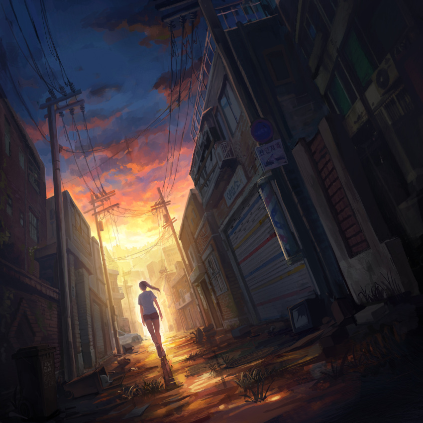 1girl, absurdres, alley, backlighting, barber_pole, brown_hair, building, car