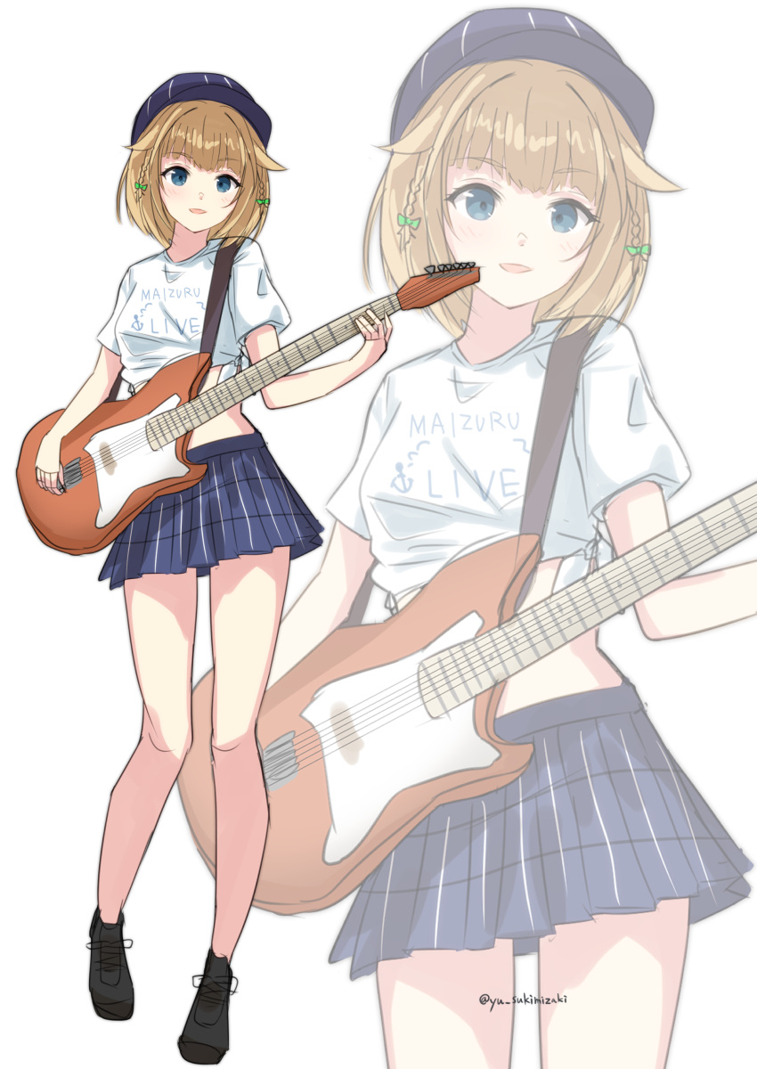 1girl, abe_azumi, absurdres, black_footwear, blonde_hair, blue_eyes, blue_hat, blue_skirt