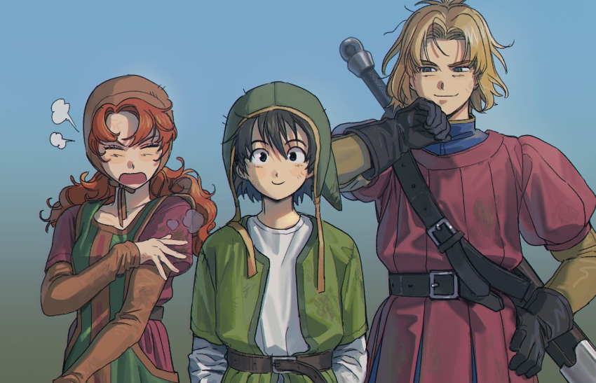 1girl, 2boys, anger_vein, black_eyes, black_hair, blonde_hair, blue_background, bonnet, brown_bonnet, brown_gloves, closed_eyes, closed_mouth, commentary_request, curly_hair, dirty, dirty_clothes, dirty_face, dragon_quest, dragon_quest_vii, dust_cloud, dusting_off_self, floating_hair, gloves, gradient_background, green_eyes, green_hat, hand_on_own_hip, hat, hero_(dq7), kiefer, looking_at_another, looking_at_viewer, maribel_(dq7), multiple_boys, open_mouth, orange_hair, orange_sleeves, parted_hair, puff_of_air, red_tunic, scabbard, sheath, short_hair, simu_rr, smile, sword, tunic, weapon