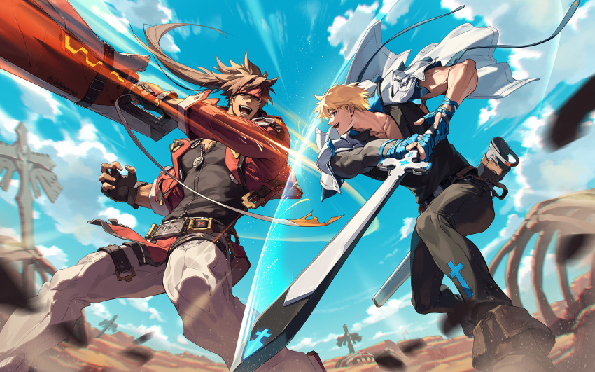 2boys, arms_up, belt, black_belt, black_gloves, black_pants, black_shirt, blonde_hair, blue_eyes, blue_handwear, bone, boots, brown_eyes, brown_footwear, brown_hair, clouds, collarbone, collared_shirt, cropped_jacket, desert, eye_contact, feet_out_of_frame, fighting_stance, fingerless_gloves, gloves, guilty_gear, guilty_gear_strive, hand_wraps, headband, highres, holding, holding_sword, holding_weapon, jacket, jacket_on_shoulders, jewelry, ky_kiske, looking_at_another, male_focus, motion_lines, multiple_boys, muscular, muscular_male, necklace, open_clothes, open_jacket, open_mouth, pants, pectoral_cleavage, pectorals, ponytail, red_headband, red_jacket, scabbard, sheath, shirt, short_hair, short_hair_with_long_locks, sky, sol_badguy, sword, teeth, thigh_belt, thigh_strap, upper_teeth_only, weapon, white_jacket, white_pants, zinnkousai3850