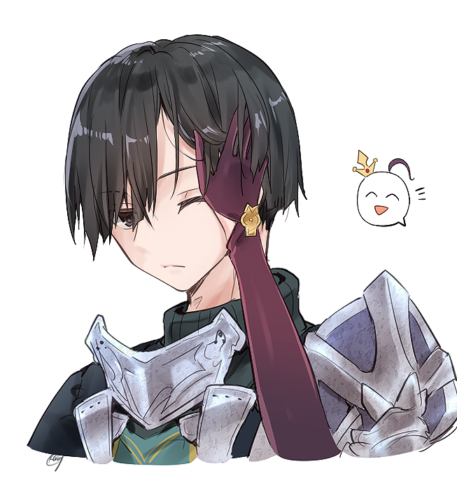 1boy, 1girl, armor, atelier_(series), atelier_sophie_2, black_eyes, black_hair, closed_mouth