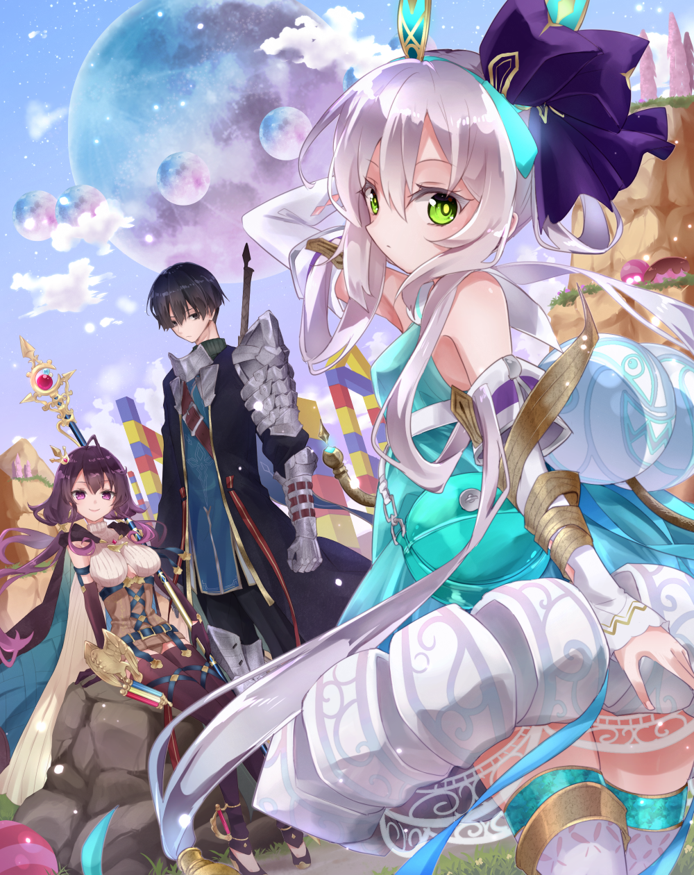 1boy, armored_gloves, atelier_(series), atelier_sophie_2, black_coat, black_hair, blue_dress, blue_sky